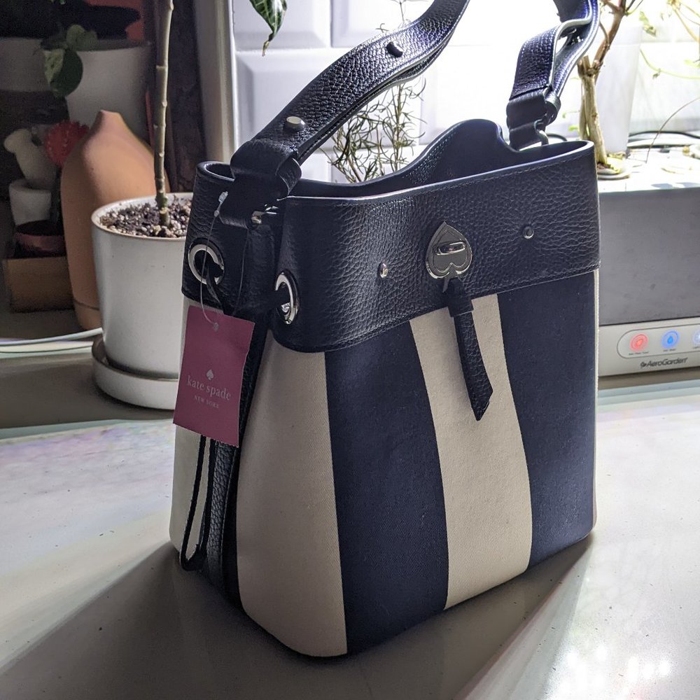 Kate Spade Marti Small Canvas Leather Blazer Blue Even Striped Bucket Handbag